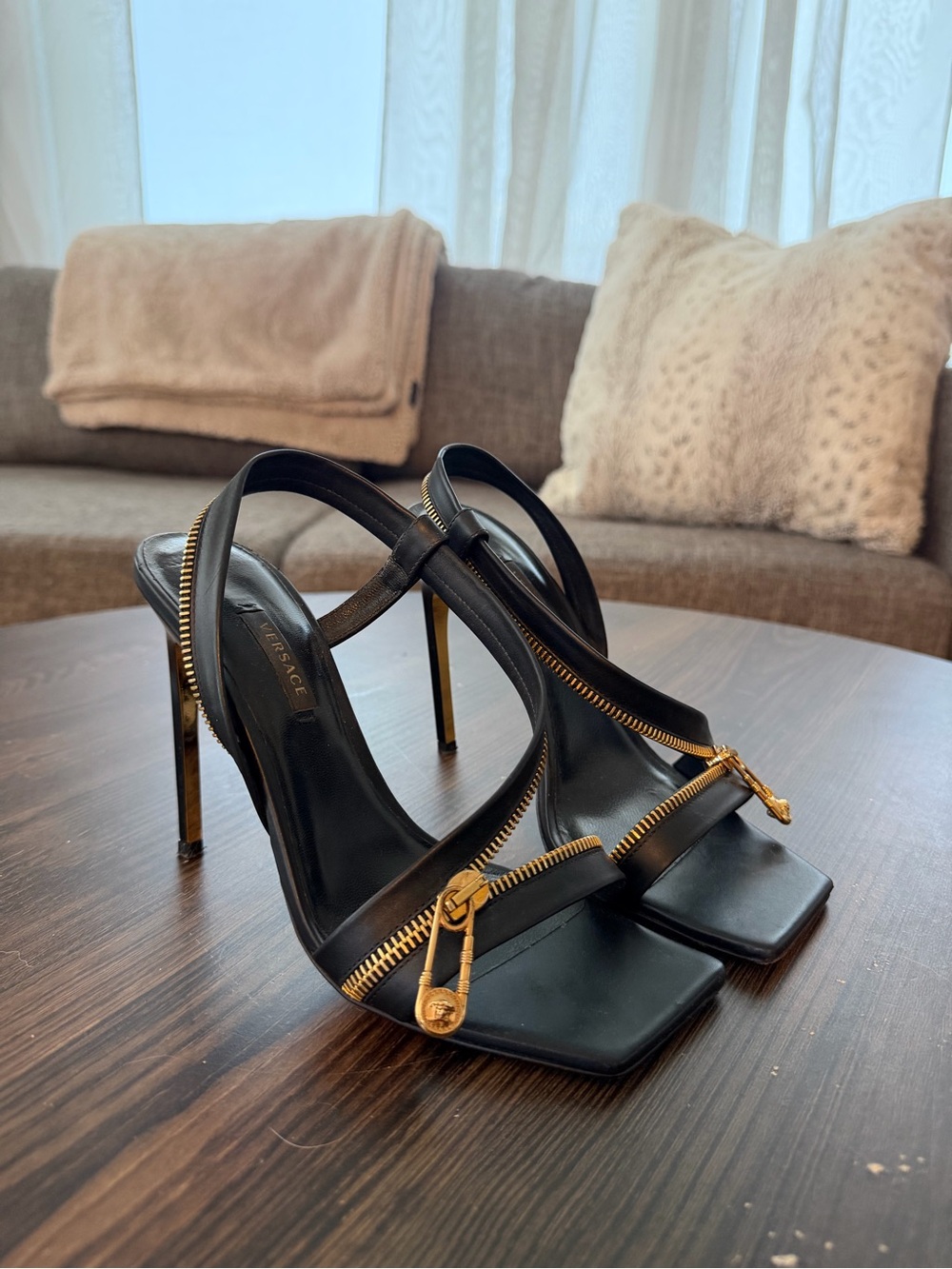 Versace Black Leather High Heel Sandals with Gold Zipper Detail